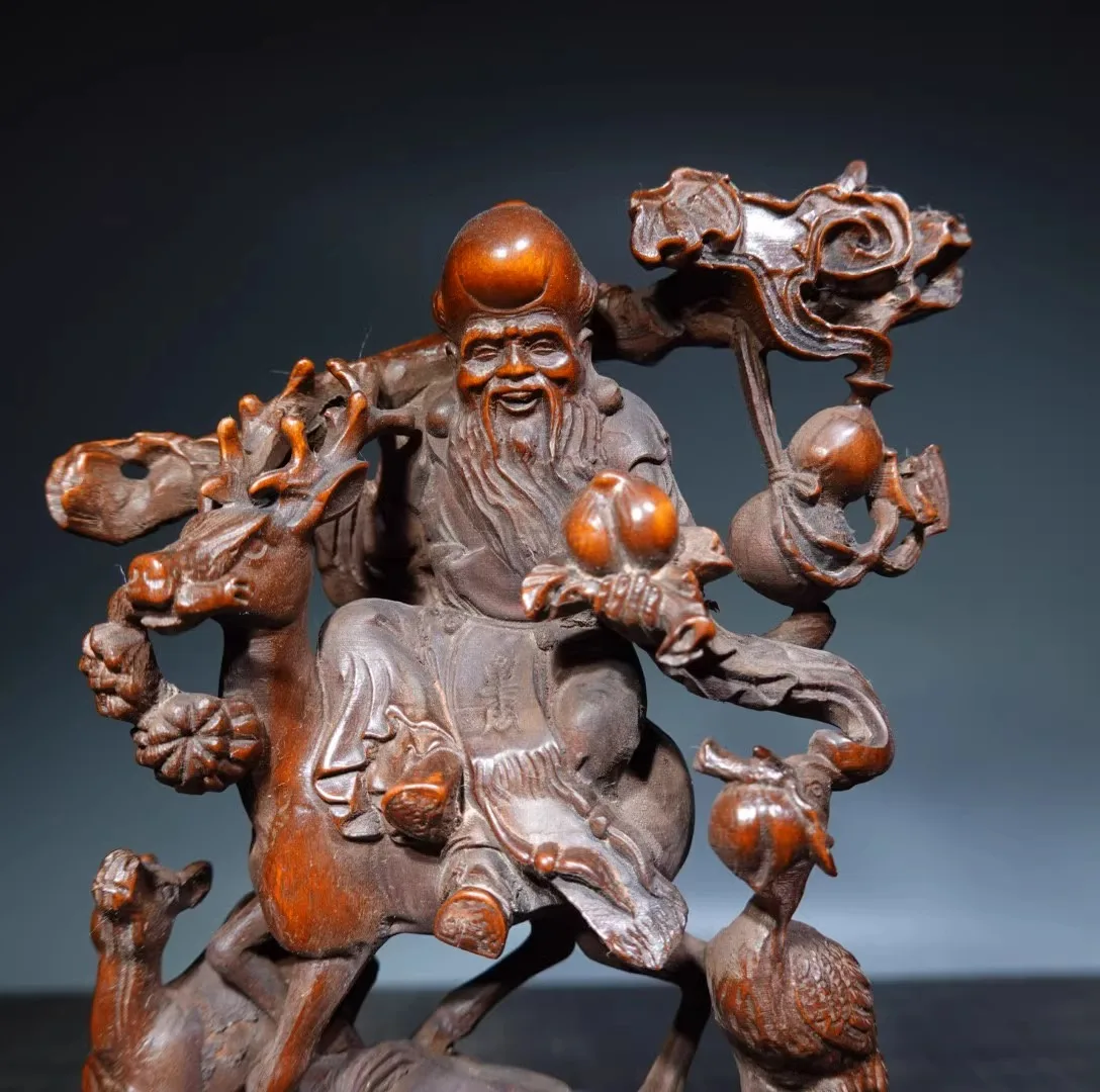 Chinese Antique Boxwood Wood Carving God Of Longevity Statue Collection Nice Art