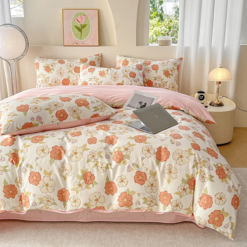 3pcs Floral 100% Cotton Duvet Cover Set Soft Comfortable Queen Bedding Set Skin Friendly Pure Cotton Comforter Cover Pillowcases 3