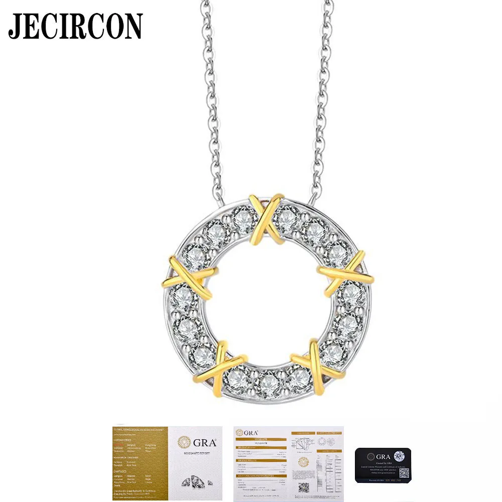 JECIRCON S925 Sterling Silver Diamond Necklace Time Wheel All Moissanite Circle Pendant for Women Clavicle Chain Jewelry 1.5ct