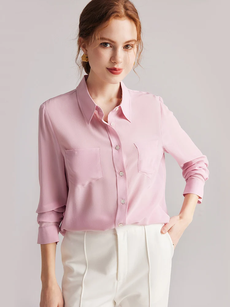 SuyaDream, Women Solid Shirts, 100%Silk Crepe de chine, Chest Pockets Chic Blouses, 2024 Spring Summer Office Lady, Pink