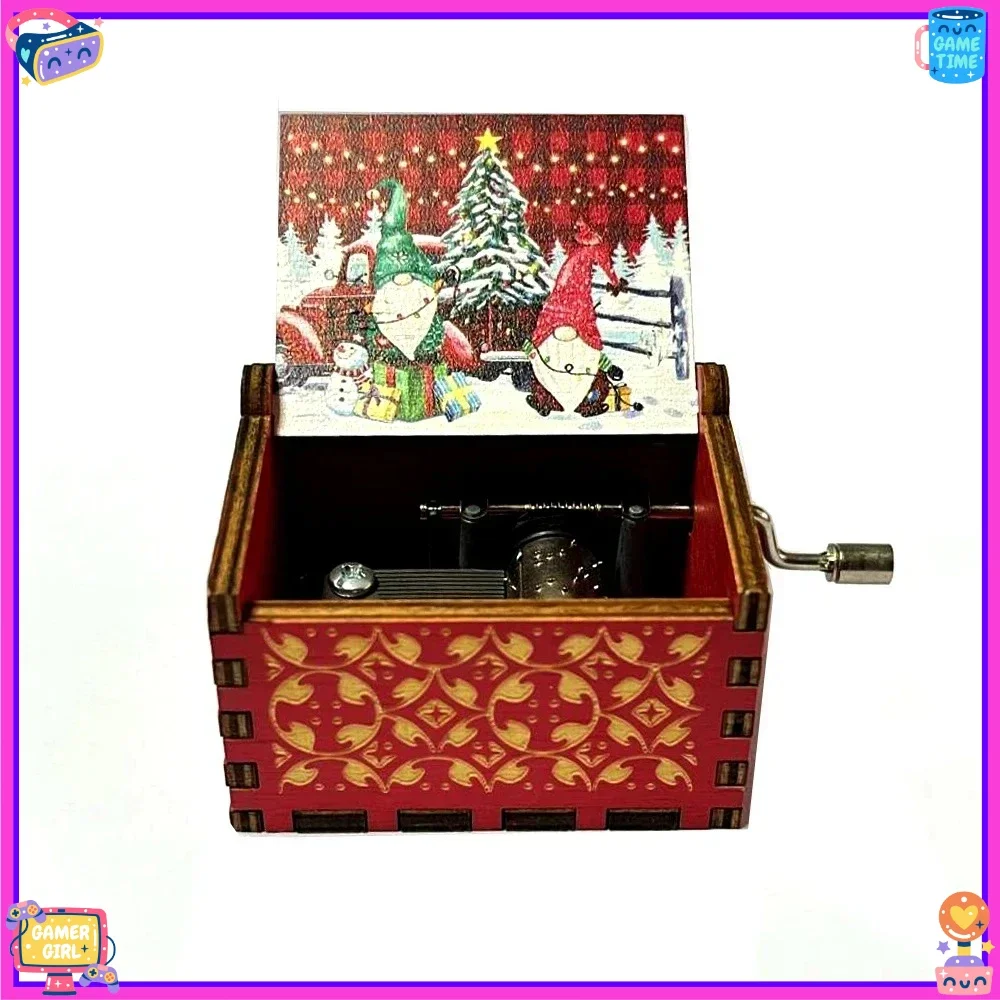 2026 HOT Christmas in stock 2026 music box wooden hand crank music box Christmas wooden painted  holiday gift