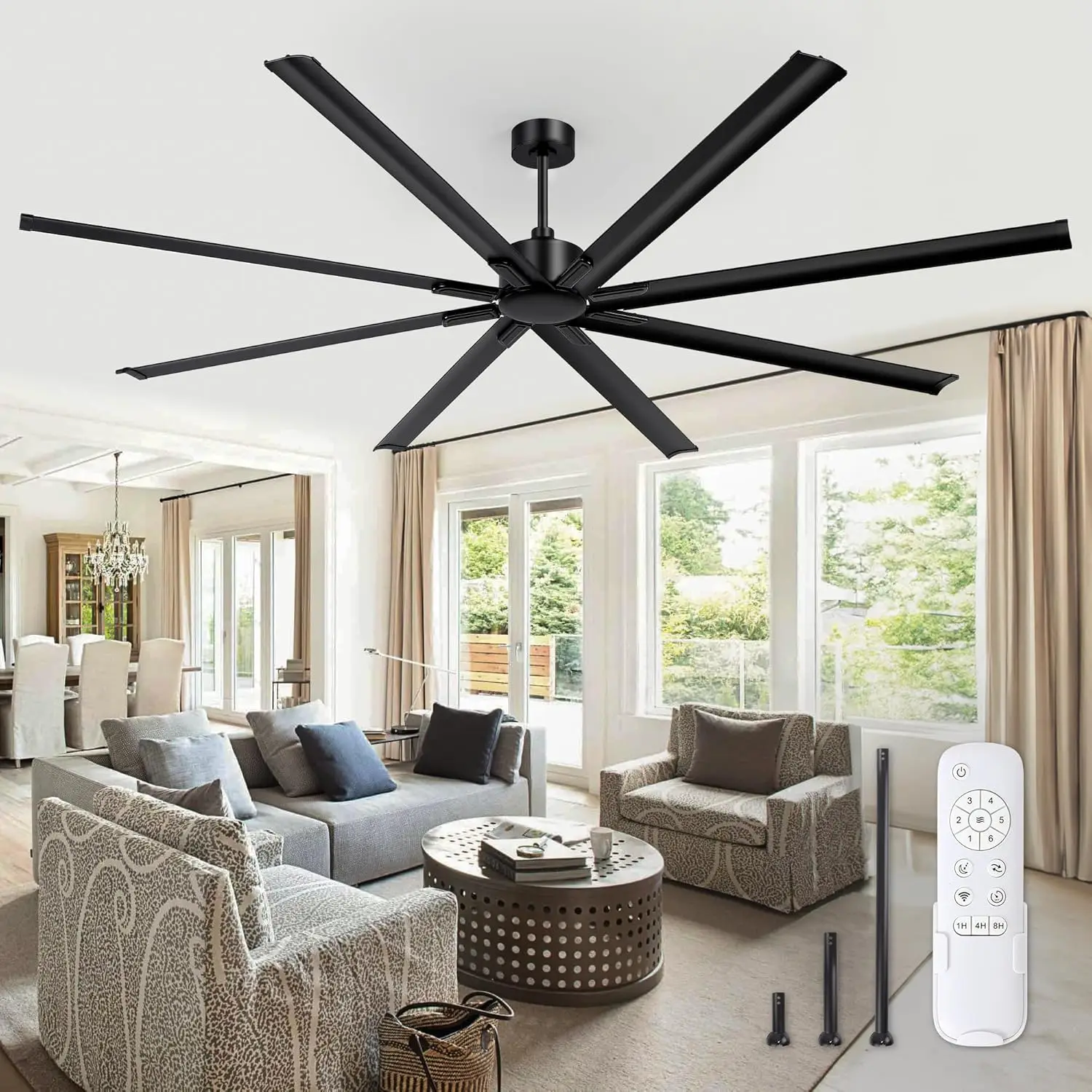 96 Inch Industrial DC Motor Ceiling Fan Large Ceiling Fan with 8 Reversible Blades 3 Downrods 6-Speed Remote Control Home