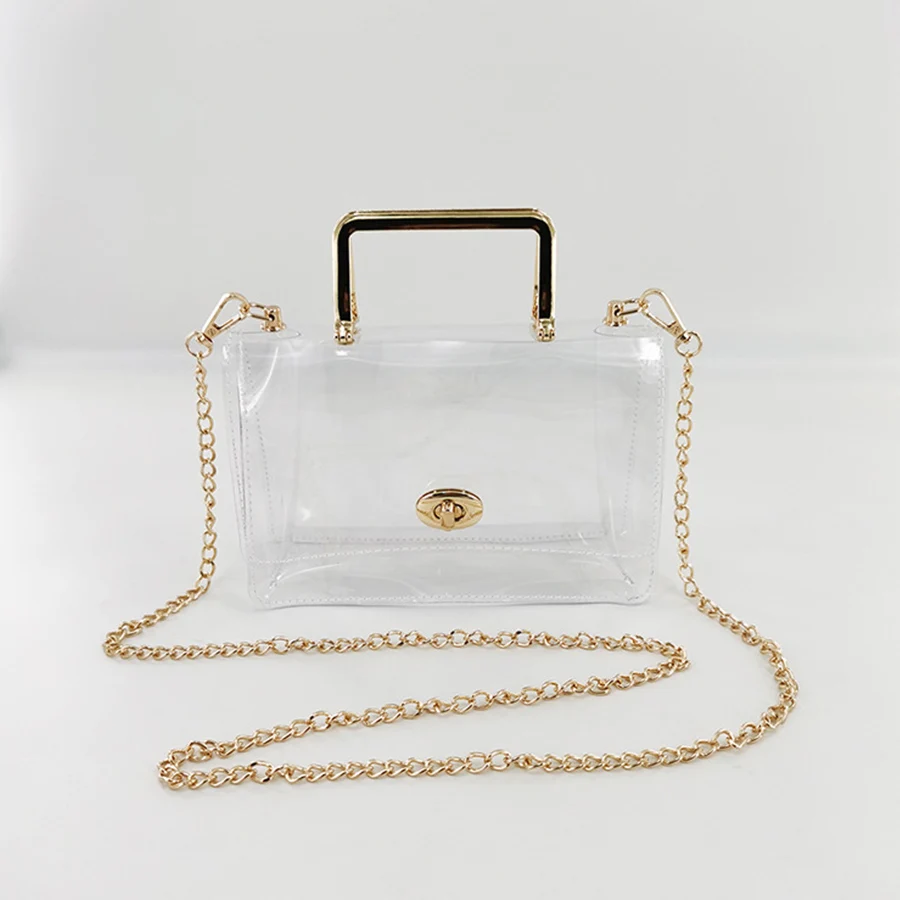 

Summer jelly transparent pvc bag clear metal handle small square bag waterproof design chains flap shoulder crossbody bag beach