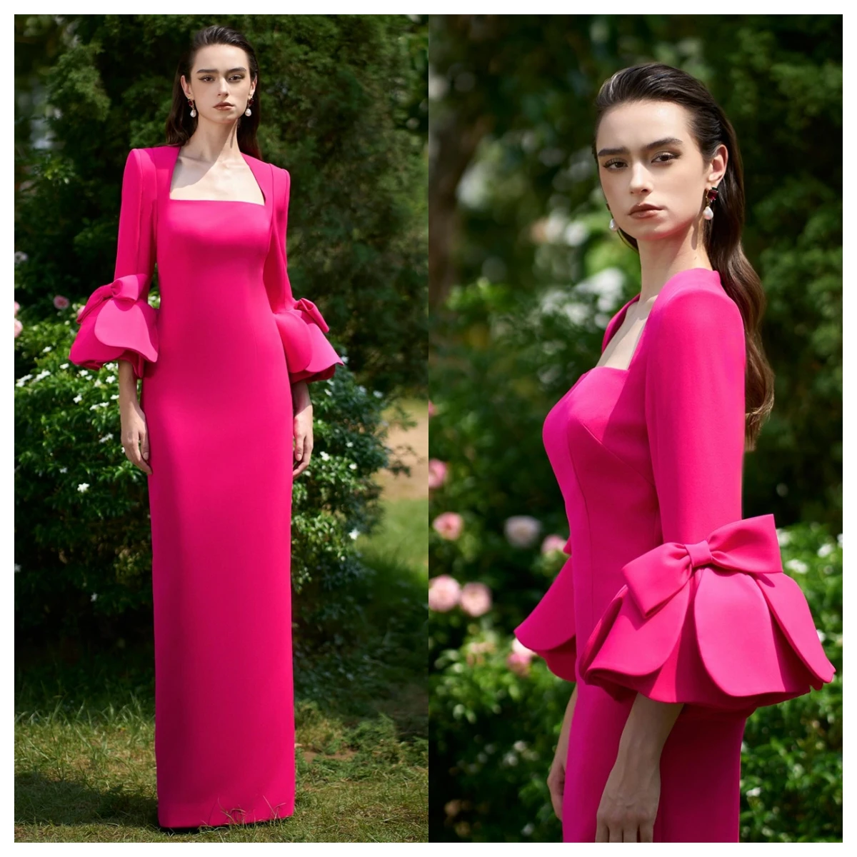 

Customized Fashion Fuchsia Satin Evening Dress Square Collar Long Sleeves Special Occasion Gowns Celebrity Gowns Temperament