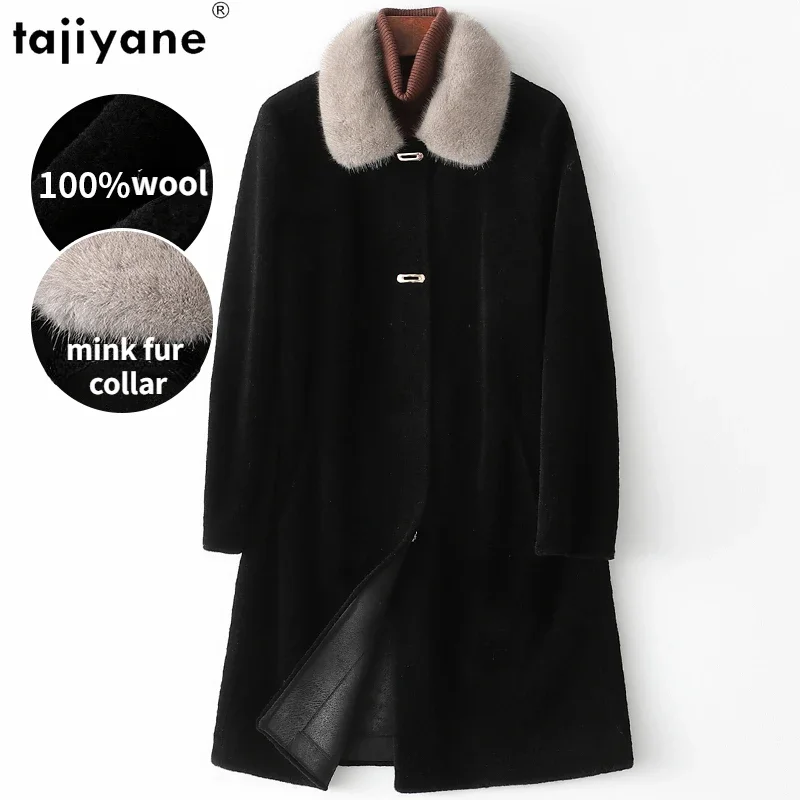 Tajeyane-Chaqueta de lana de oveja para mujer, abrigo largo de piel de visón con cuello, alta calidad, otoño e invierno, 100%, 2023