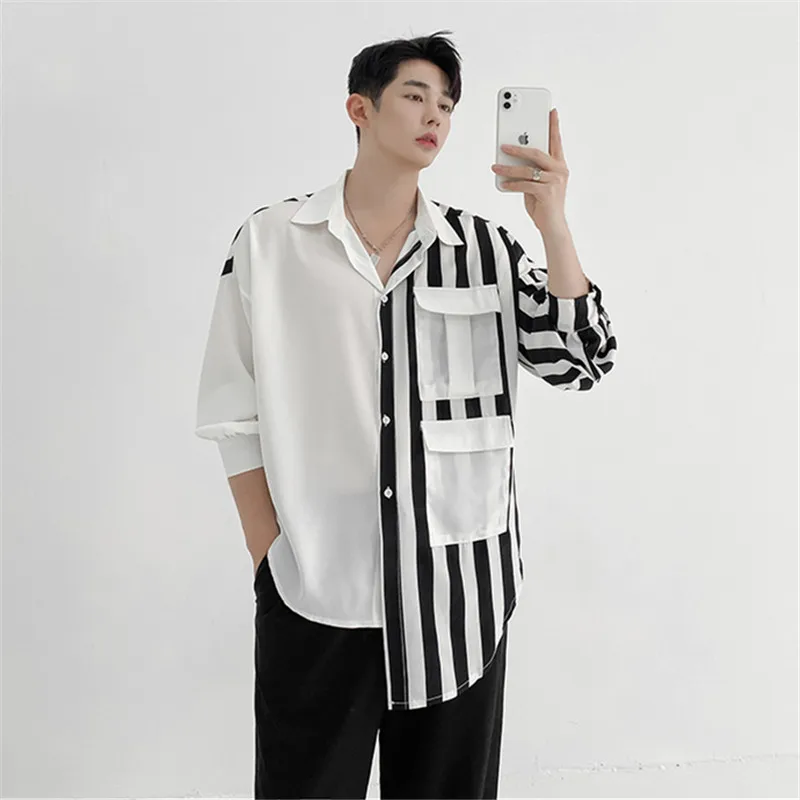 Men's Striped Stitched Loose Long Sleeved Shirt Spring And Summer Korean New Irregular Vertical Fashion Shirt