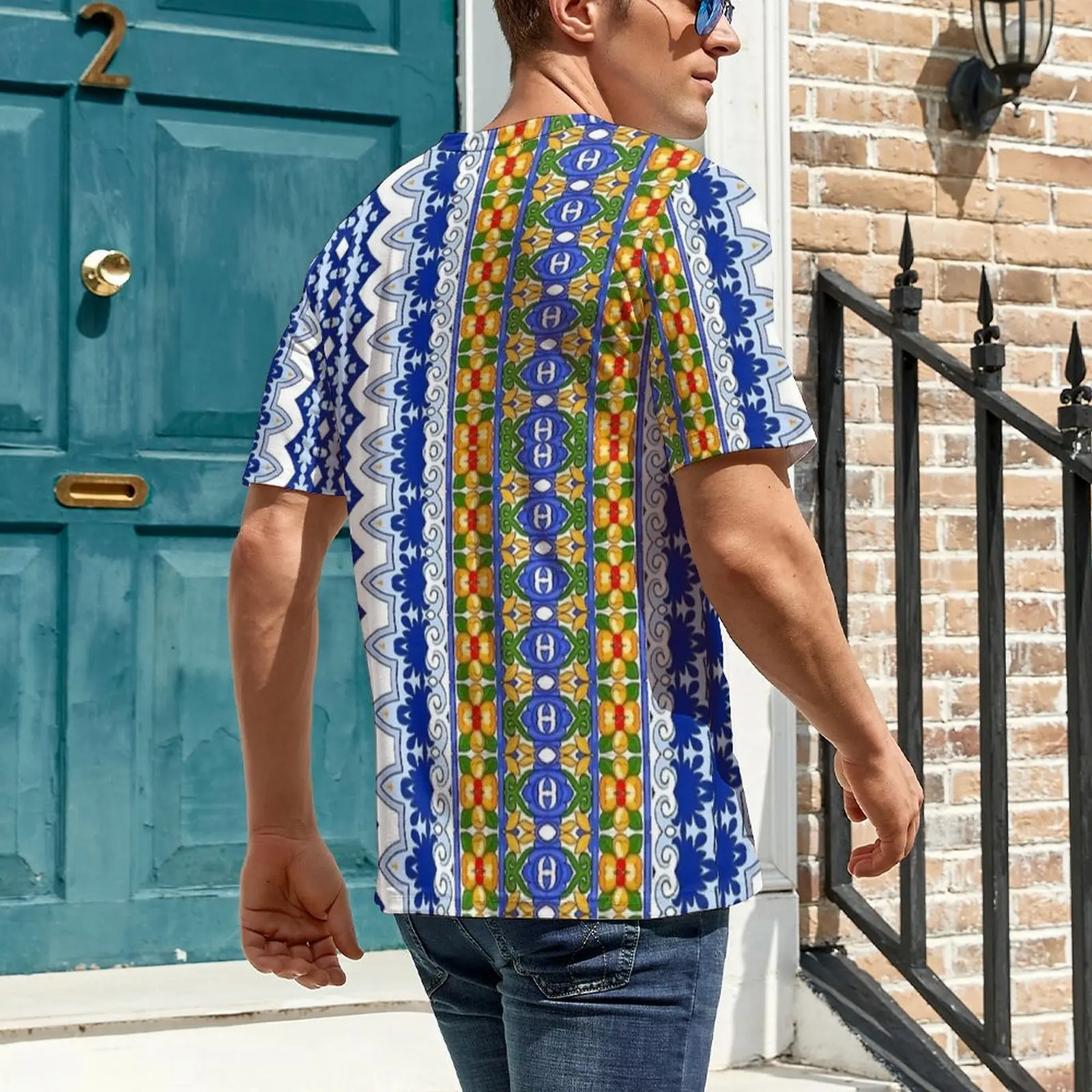Ethnic Majolica Strip Border Print T Shirt For Male  Design O Neck T-Shirts Novelty Tops Short-Sleeved Streetwear Oversize Tees