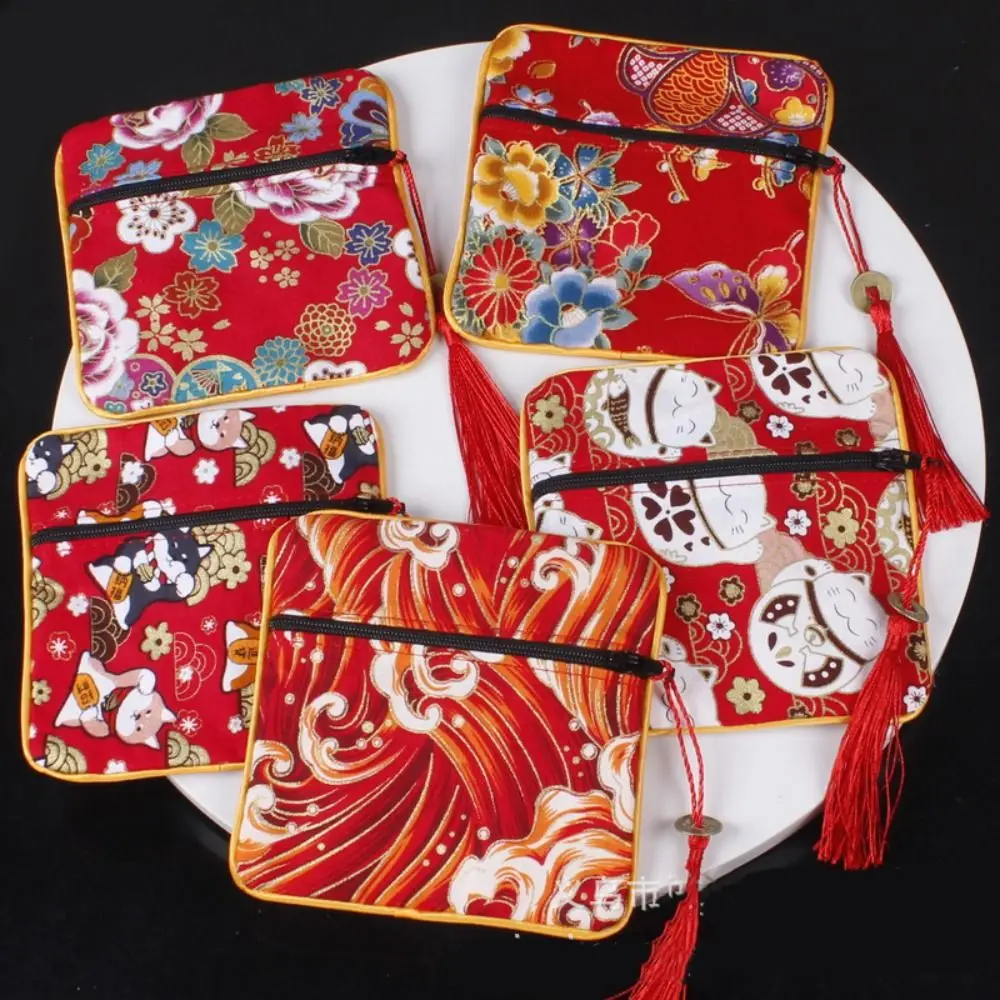 Monedero de tela de estilo chino Maneki Neko, billetera de tela con borlas, bolsa de regalo, estuche de joyería bordado, bolsa de almacenamiento de joyería para mujer