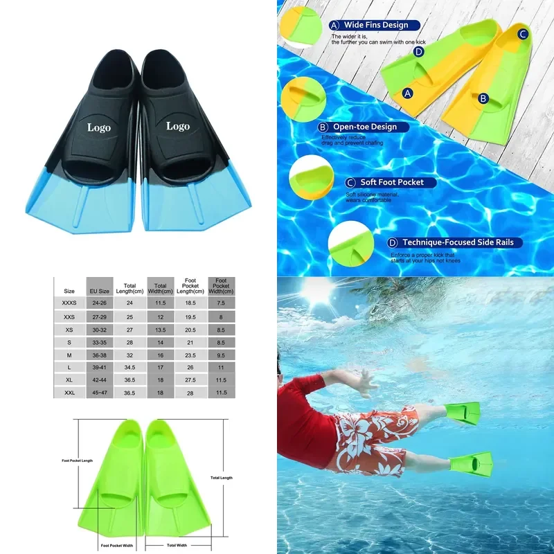 Professional Short Blade Silicone  Diving Fins for Diving and Swimming Customizable Logo Suitable for Snorkeling Scuba