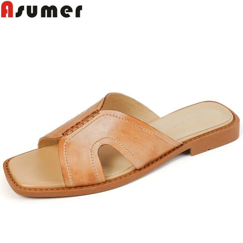 

ASUMER 2024 New Vintage Genuine Leather Summer Shoes Square Toe Ladies Modern Slippers Square Low Heels Slippers