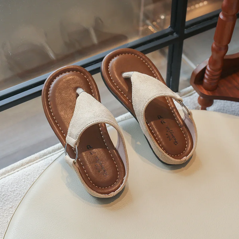 Toddler Girls Leopard Print Suede Thong Sandals Kids Adjustable Ankle Strap Soft Flat Non Slip Summer Beach Flip Flops