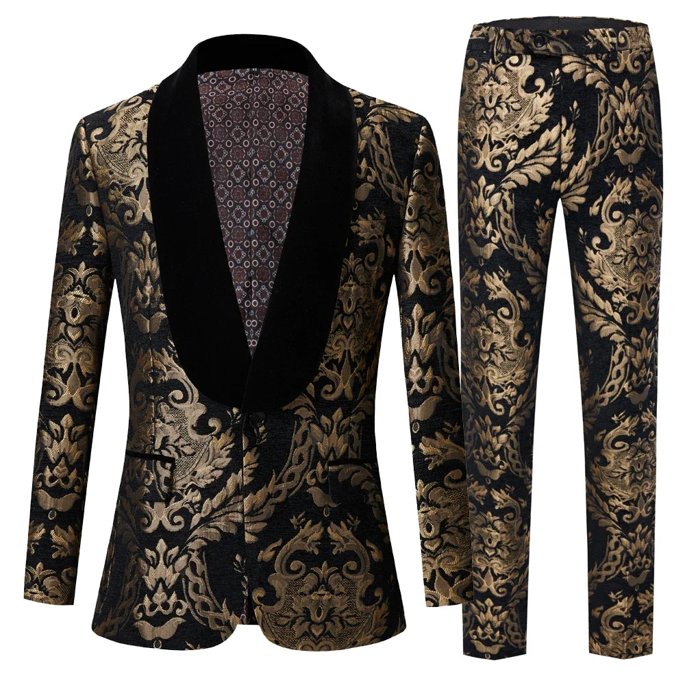 

Black Floral Jacquard Tuxedos Men Suits For Wedding Prom Groom 2 Pieces Sets Formal Prom Blazers Slim Fit Male Costume Homme