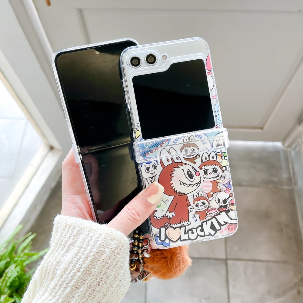 Fashion Clear Cartoon Cute Labubu Rabbit Fold With Bracelet Phone Case For Samsung Z Flip 5 4 3 6 Hard Shockproof Back Cover