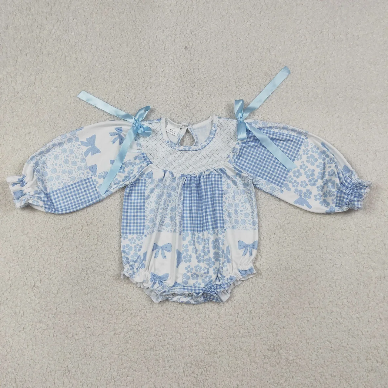 Wholesale Toddler Newborn Embroidery Bodysuit Infant Children Long Sleeve Kids Girl Flower Blue Bow Plaid Bubble Romper Clothes