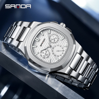 SANDA 7053 Men's Quartz Watch Stainless Steel Square Waterproof Three Eye Six Needle Chronograph Night Light Men's Quartz Watch