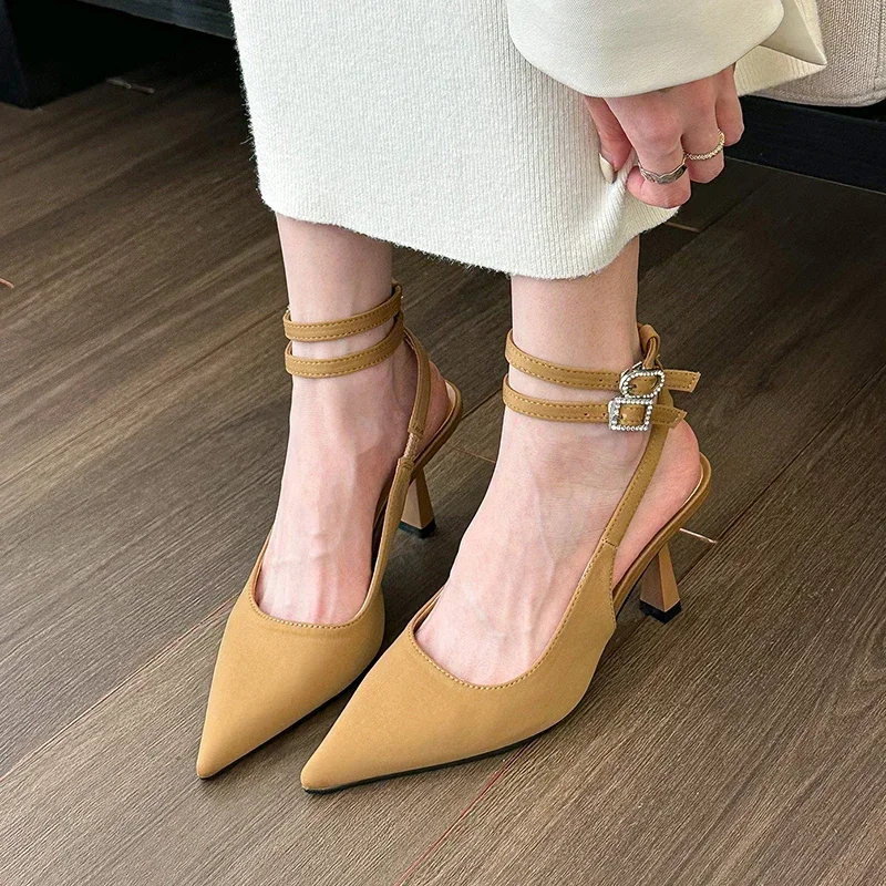 Slingbacks High Heels Pumps Women 2024 New Pointed Toe Thin Heeled Party Shoes Woman Solid Color Ankle Buckle Summer Sandals