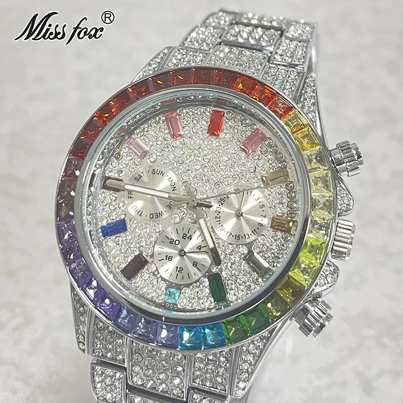 Hot Sell MISSFOX Iced Out Watch For Men Hip Hop Bling Quartz Clock Fashion Rainbow Diamond Jewelry Wristwatch Man Dropshipping