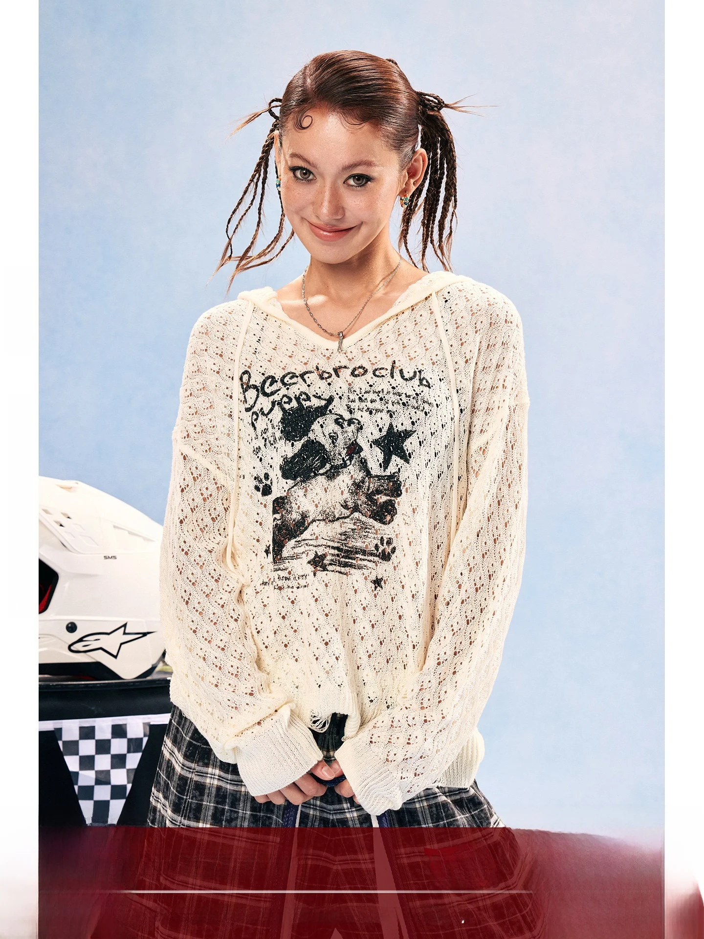 

BeerBro Racing Pulse Spring Hollow out Hoodie V-Ne Pullover Dog Patterned Sweatirt Casual Loose Fit Soft Acrylic Knitwear