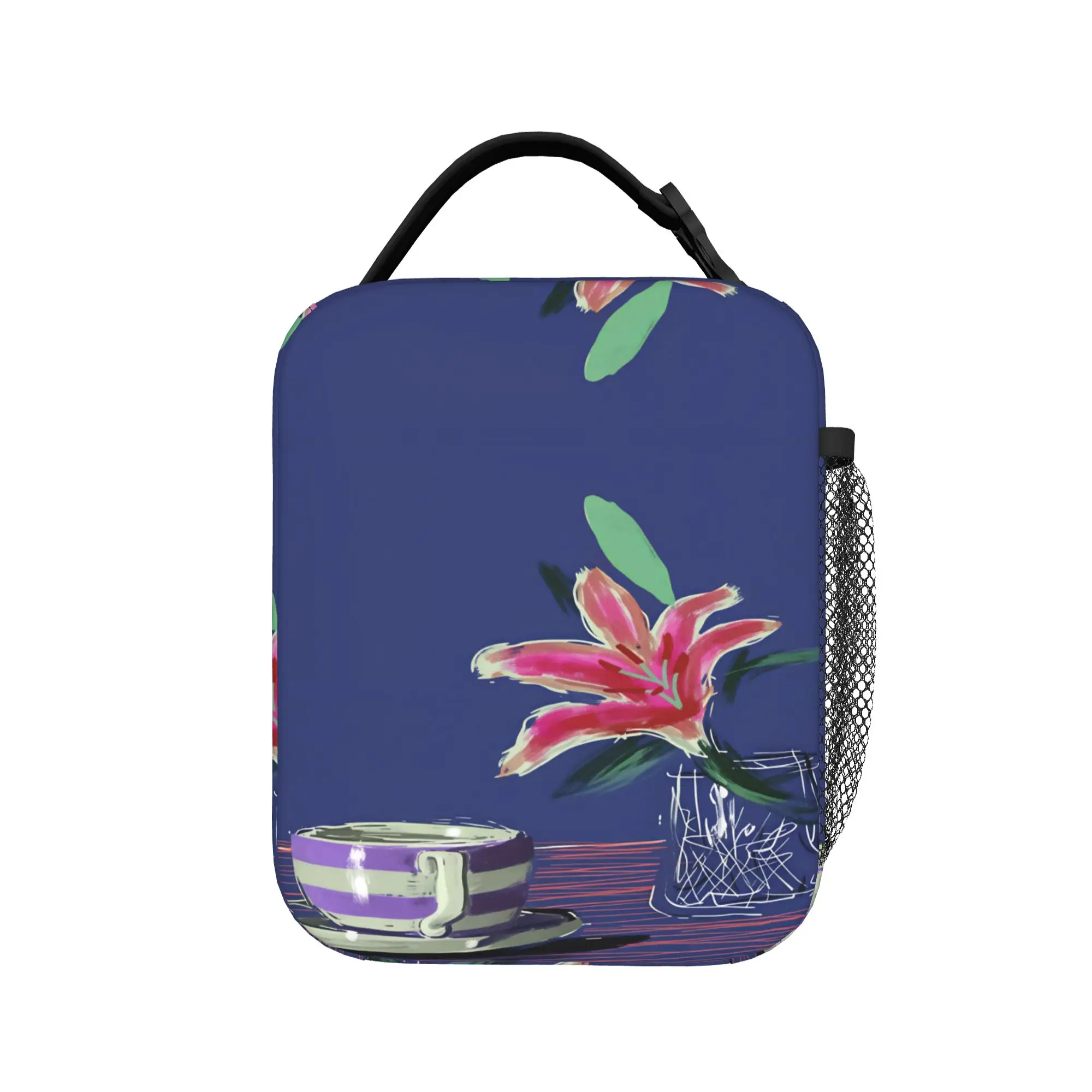 Flower and Coffee Poster Lunch Bag  School Lunch Box For Women Fashion Print Thermal Tote Handbags Oxford Zipper Cooler Bag