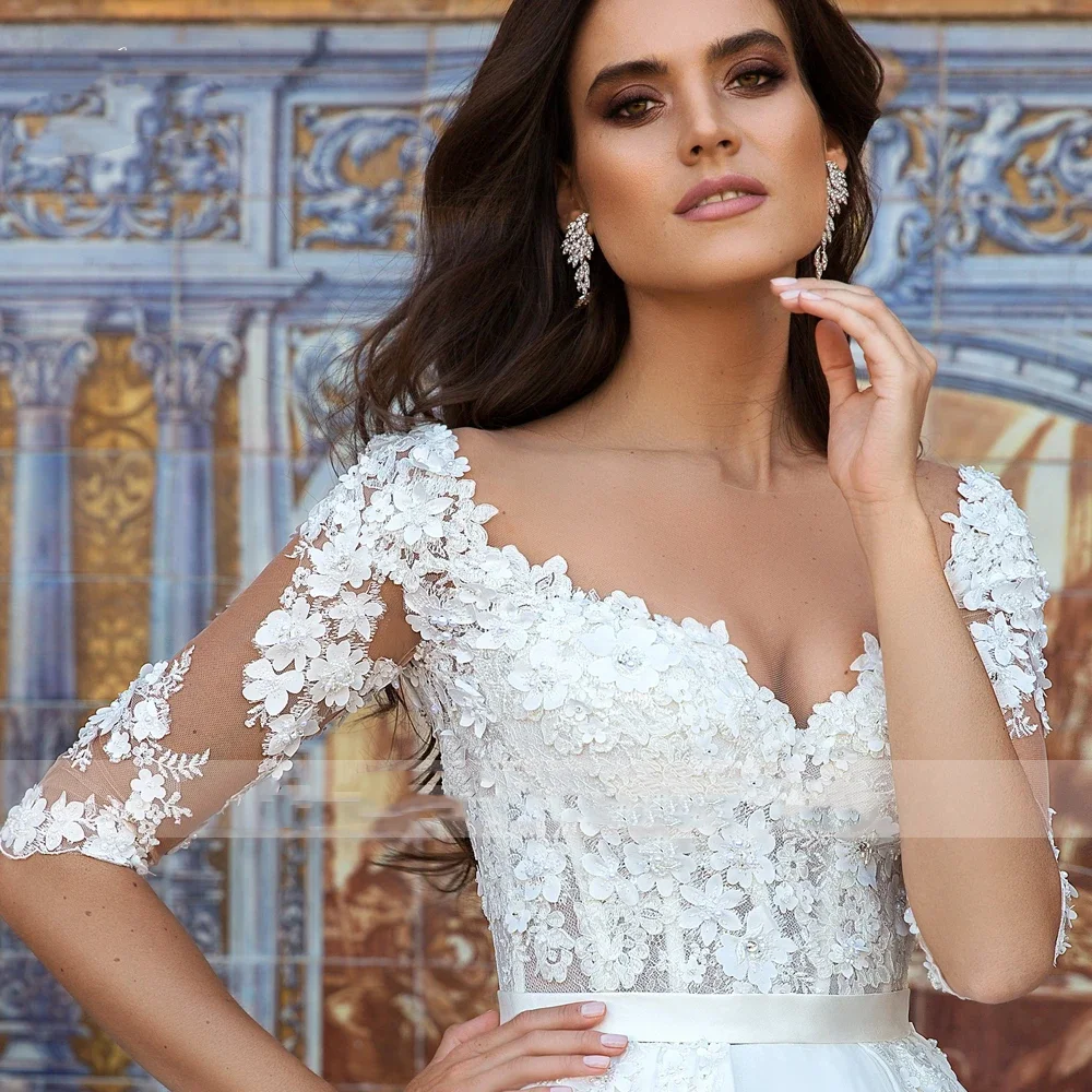 Flavinke Customized Luxury Half Sleeve Lace Ball Gown Wedding Dresses Sexy Illusion Appliques Flowers Court Train Bridal Gowns