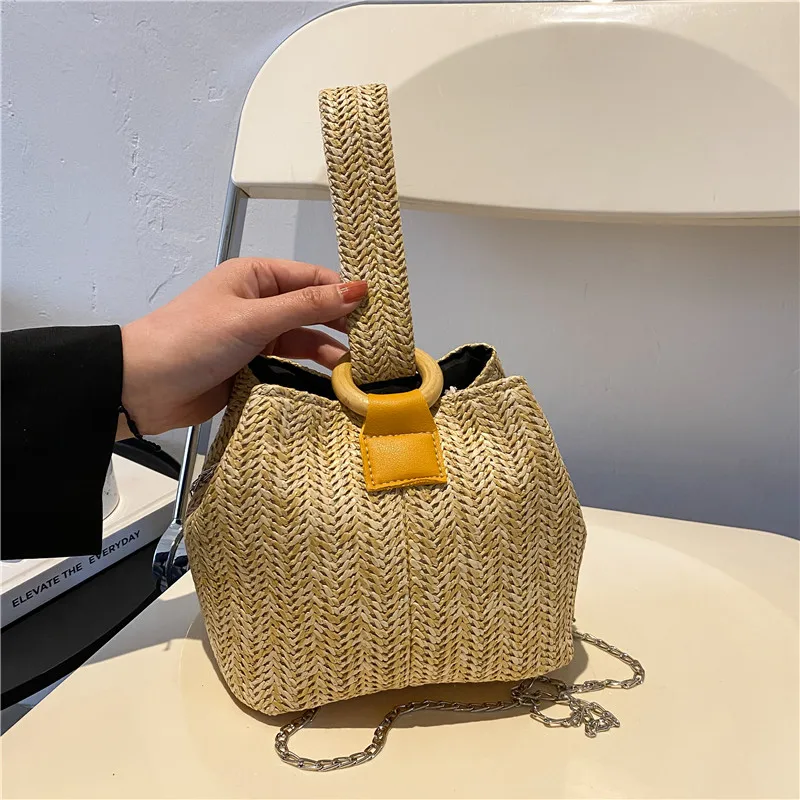 Women Straw Braid Shoulder Bag Woven Bucket Handbags Small Square Bag Khaki Straw Bag Casual Vacation Bags For Lipstick Phone