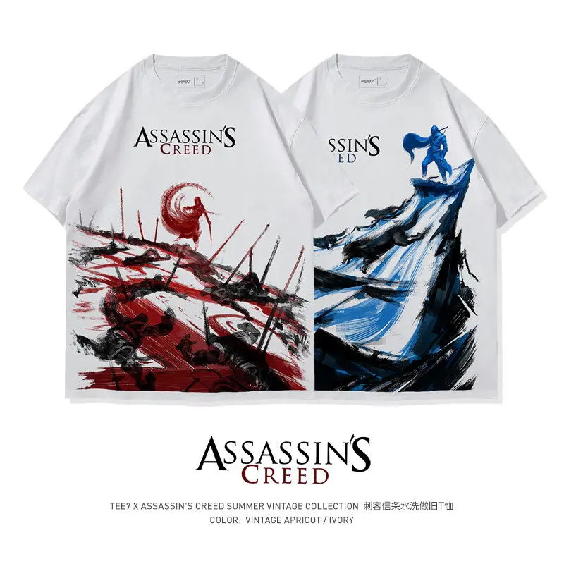 2026 Assassin's Creed Origin Round Neck Short Sleeve T-shirt Retro Ink American Heavy Cotton Explosive Summer Men ins