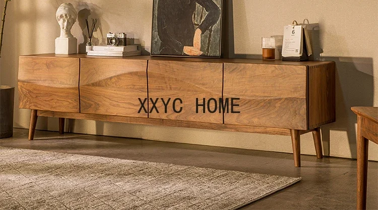 TV Cabinet Small Apartment Solid Wood Light Luxury Living Room Black Walnut Log Creative Wave