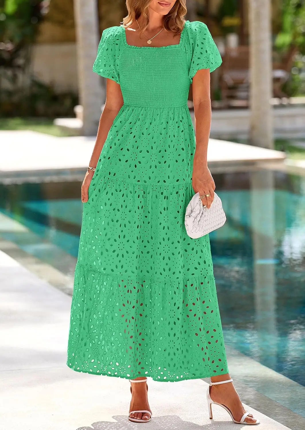 Abiti estivi da donna 2025 Abito lungo con occhielli e collo quadrato con maniche a sbuffo e smock per invitati al matrimonio con tasche