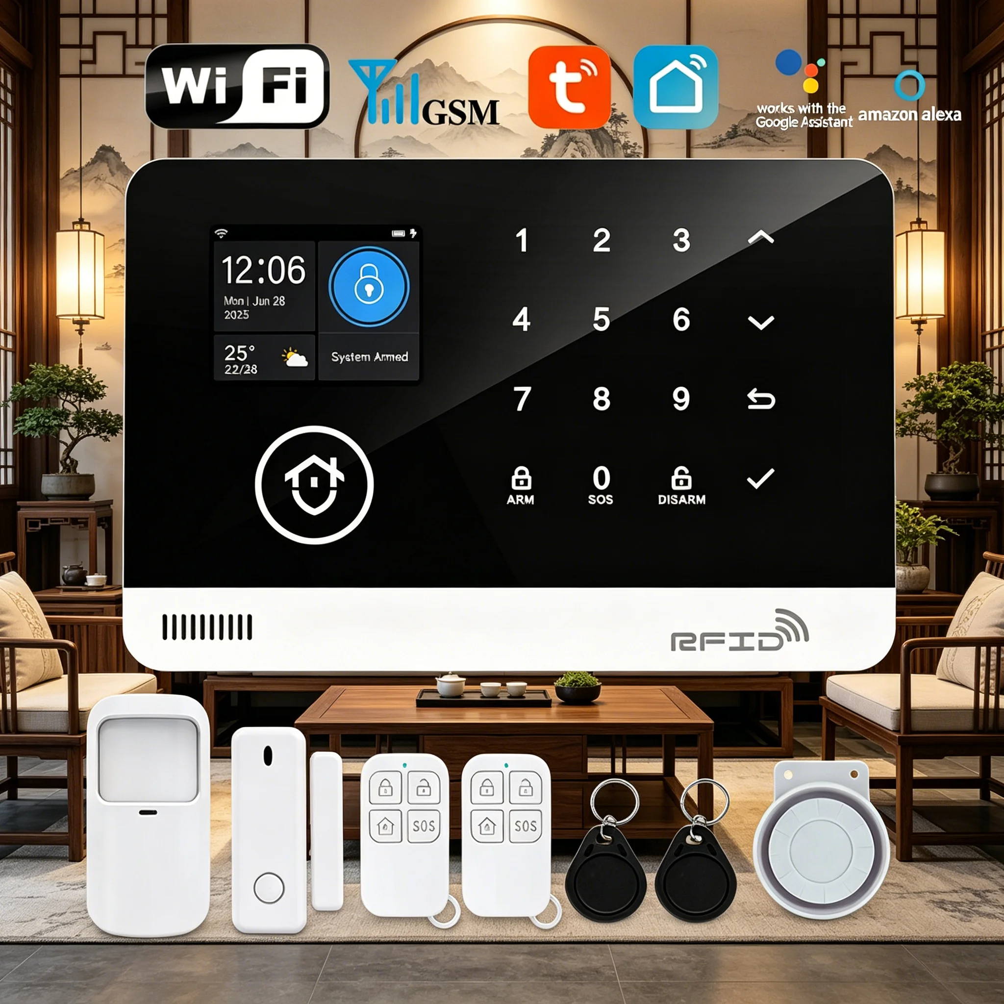 

Комплект домашней охранной сигнализации Tugard WiFi GSM, работает с Alexa, сирена 120 дБ, датчик движения, пульт дистанционного управления