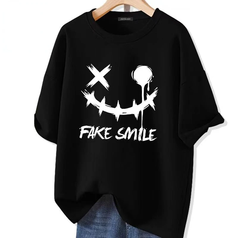 Fake Smile Graphic Men Women T Shirt Summer Cotton Blouse Fashion Print Tees Brand Quality Short Sleeve Tops Children Teens Size