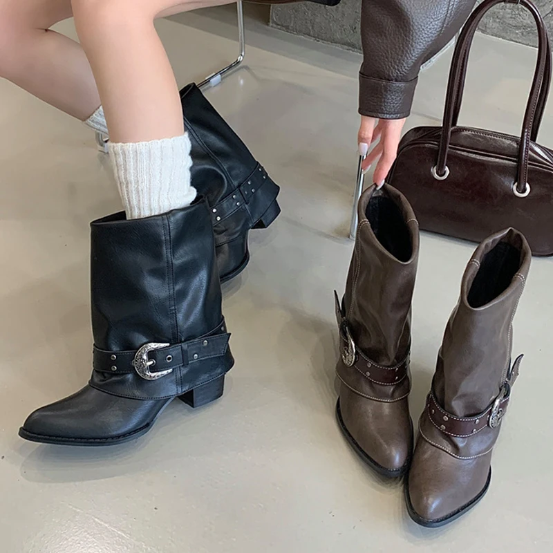 

Aneikeh/весенне-осенние модные ботильоны «Челси» с острым носком, женские туфли на квадратном массивном каблуке с металлической пряжкой, рыцарские сапоги