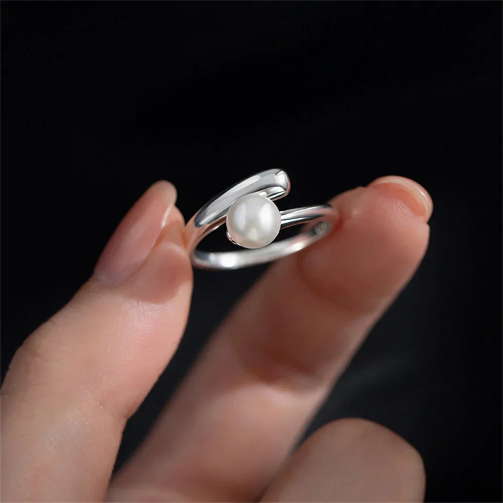 Französischer Vintage-Ring in Silberfarbe, verstellbar, mit einfachem Imitationsperlen-Design, Damenring, modischer Schmuck, INS-Accessoire, Geschenk. – Detail 3