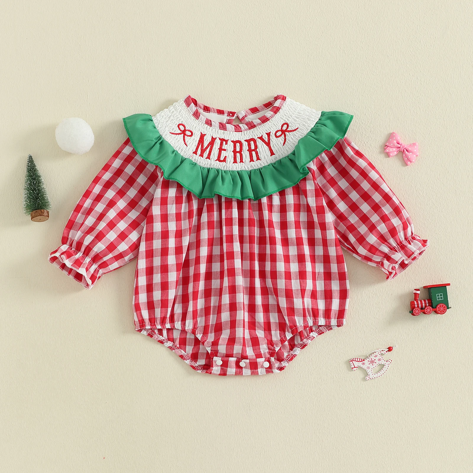 

Baby Girl Christmas Romper Plaid Print Letter Embroidery Round Neck Long Sleeve Ruffled Romper
