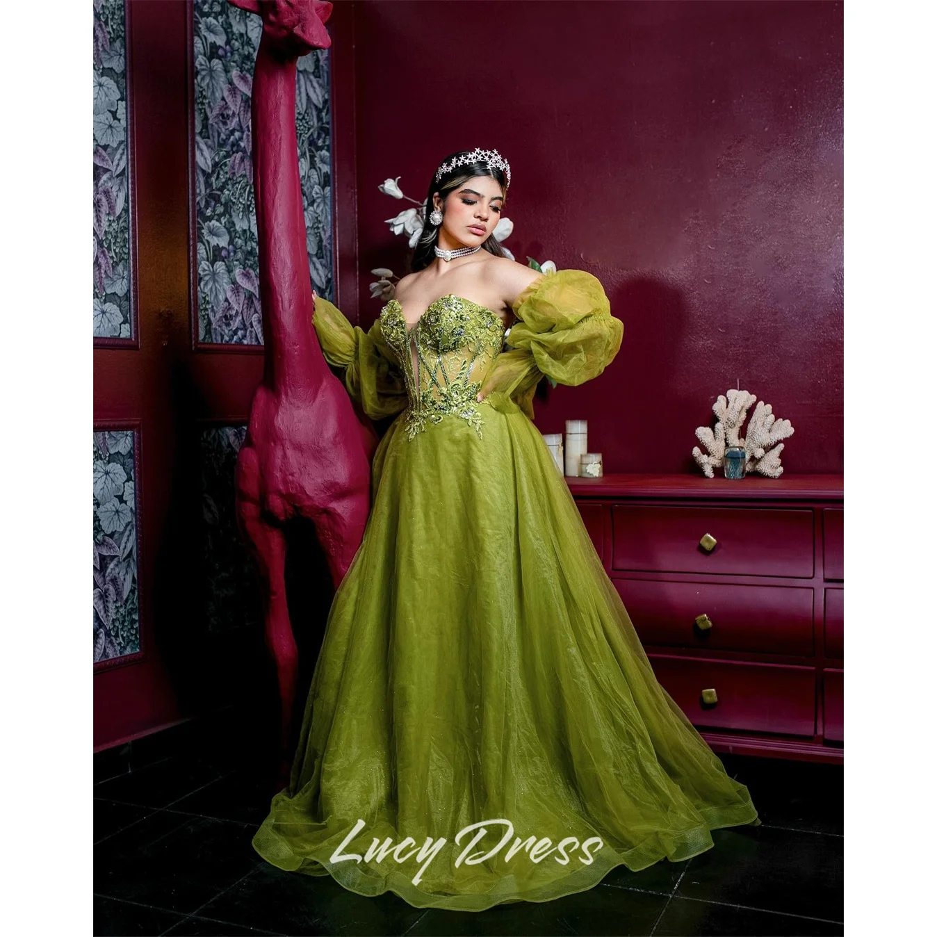 

Lucy Tulle Off The Shoulder Green Ball Gown Evening Dress 2026 Prom Dress Women Formal Evening Party Customized Robes de Soirée