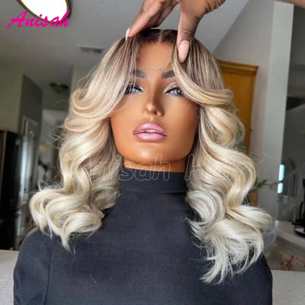 Platinum Ash Blonde Colored Lace Closure Wig Glueless Short Wavy Pre Plucked 13x4 HD Transparent Lace Frontal Wigs For Women