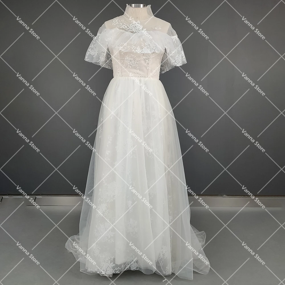 Vintage Tule Trouwjurk Hoge Hals Victoriaanse Kant Illusie Terug Aangepaste Land Tuin Echte Foto's Glamour Bruidsjurken