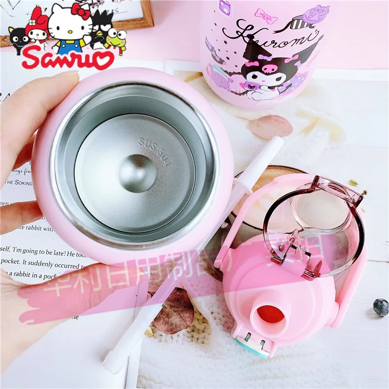 Sanrio Melody Kuromi Hello Kitty Cinnamoroll Pochacco's New 850ml Tote Pot 304 Stainless Steel Thermos Cup Drinking Cup Car Cup