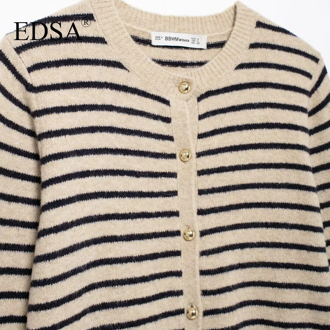 EDSA Women Striped Knit Cardigan O-neck Long Sleeves Ribbed Trims with Golden Button Casual Sweater Coat