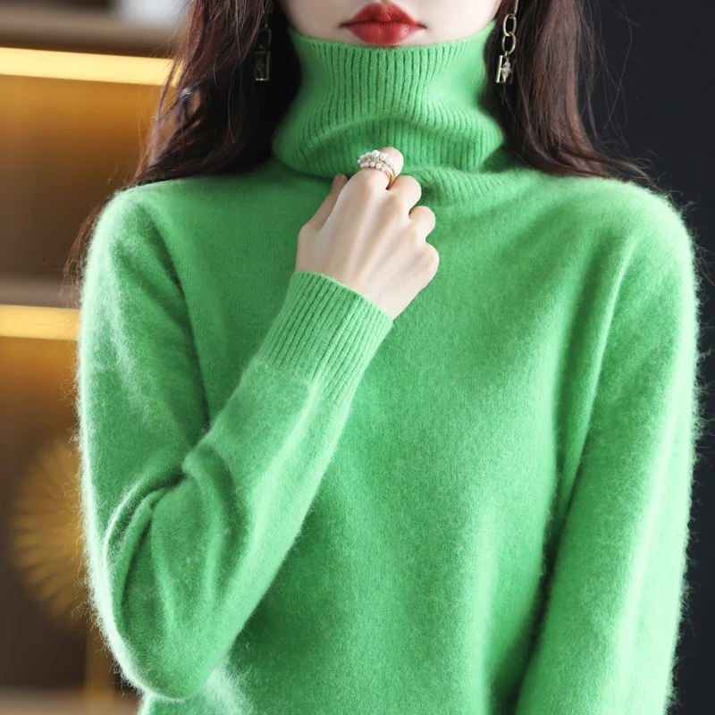 Autumn and winter new 100% mink velvet women\'s sweater turtleneck knit pullover slim fashion soft warm solid color 23-color top