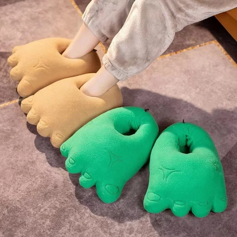 Funny Slippers for Women Men Kawai Cartoon Bigfoot Slides Winter Warm Cotton Shoes Slip on Couple Plush Warm Home Slippers