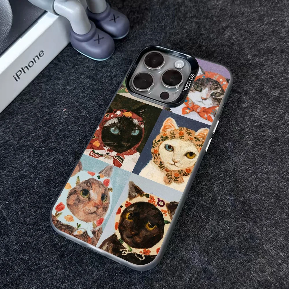 Cute Cat Art Illustration Phone Case IMD Color Silver Shell For IPhone 16 15 14 13 12 Pro Max Plus