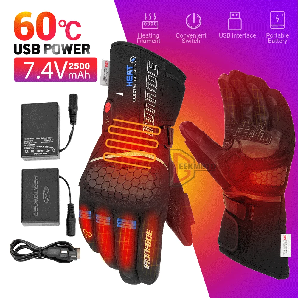 Motorcycle Heated Gloves for Men Women Ski Gloves Hand Warmer Rechargeable Battery Electric Heated Glove Waterproof Touchscreen