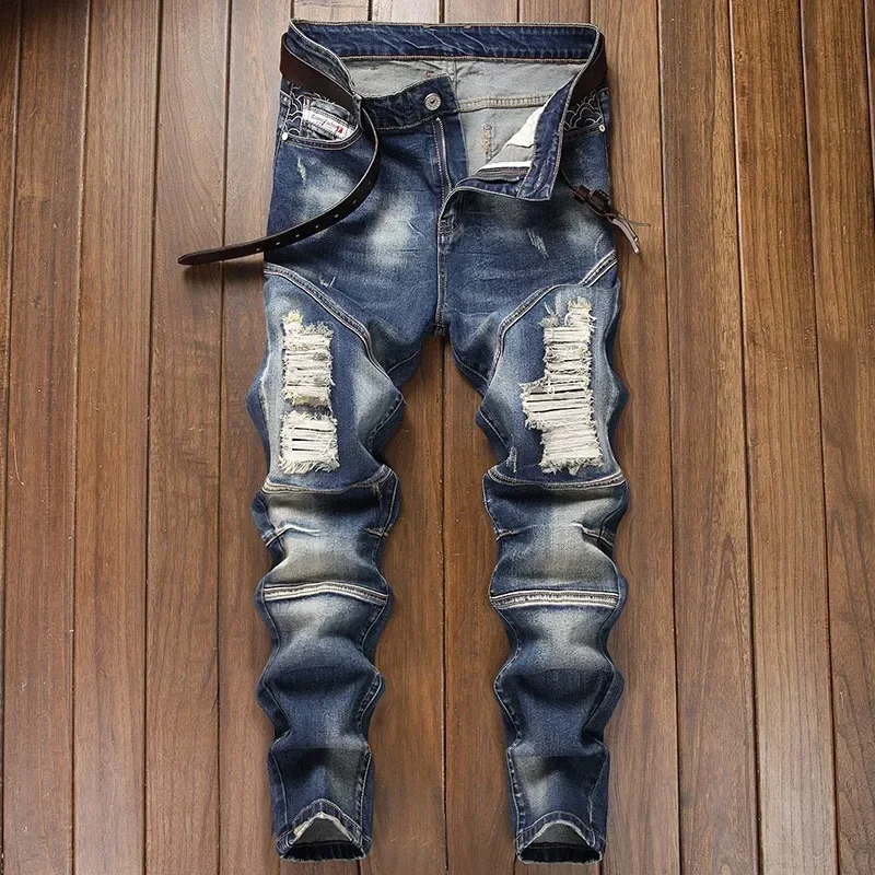 

LIBIELIY Four Seasons Men's Vintage Hiphop Slim Zipper Trendy Slim Jeans Pants Casual Motorcycle Spliced Jeans Pencil Denim Tro