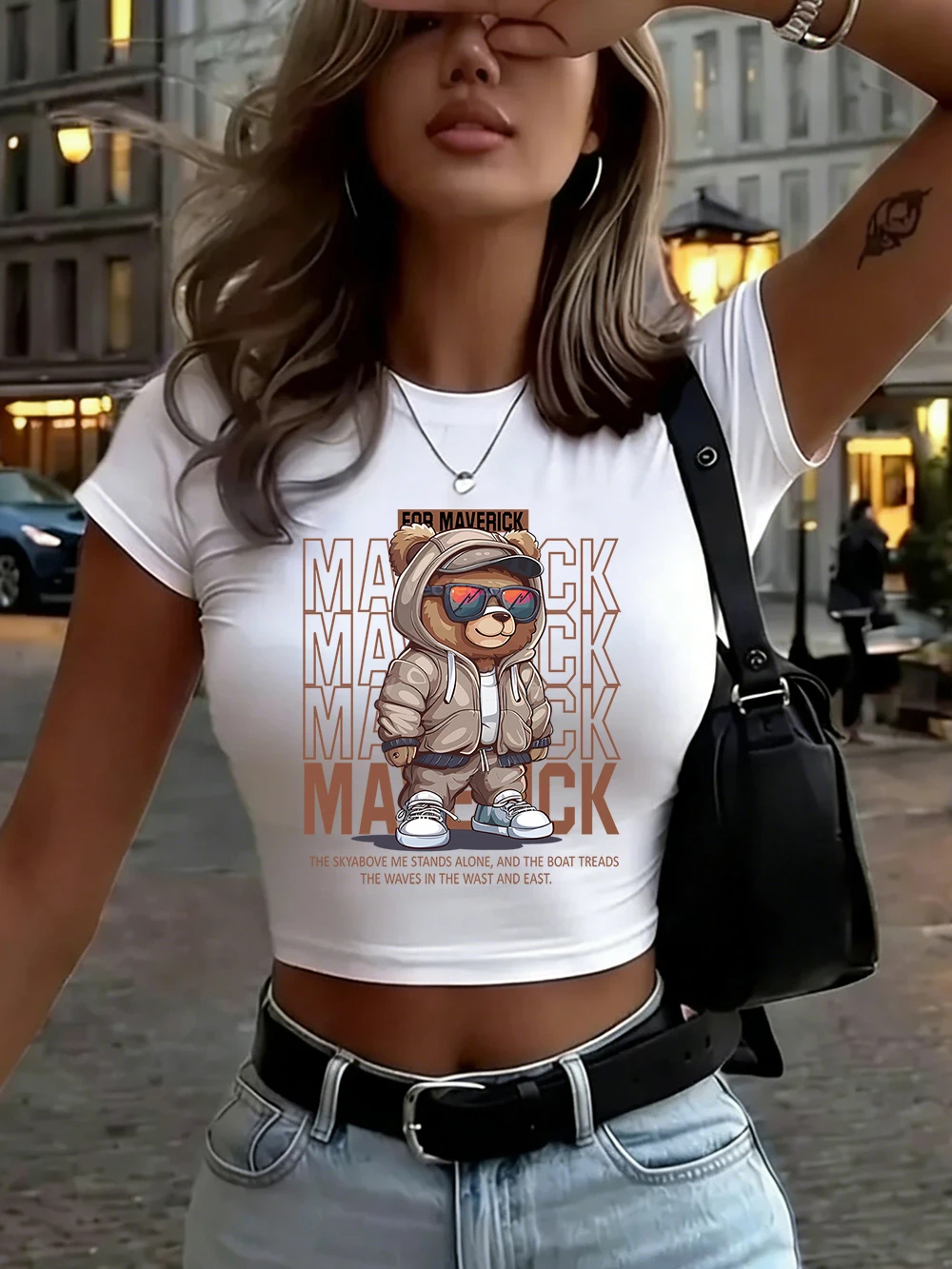 Für Maverick Sport Bear bedruckte Damen-Crop-Tops, Sommer-T-Shirts mit schmalem O-Ausschnitt, weiche Kurzarm-T-Shirts, sportliche, hochelastische Kleidung