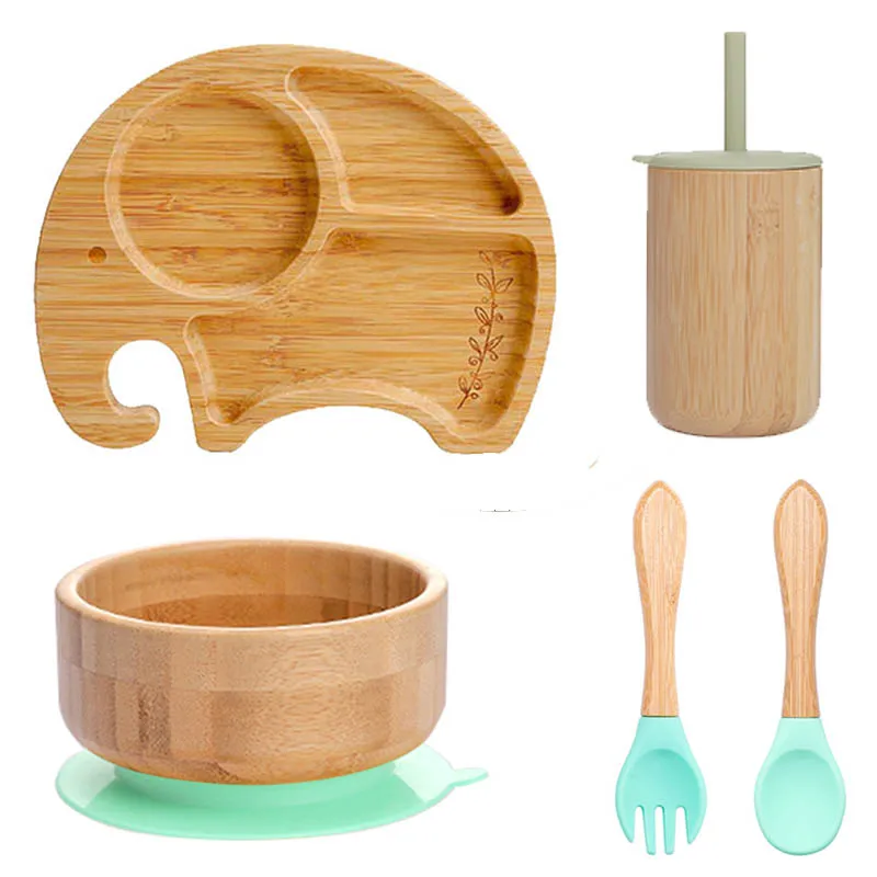 Mordida morde 5 pçs/set utensílios de mesa para crianças prato tigela garfo colher copo sucção alimentação alimentos utensílios de mesa de bambu bpa livre antiderrapante