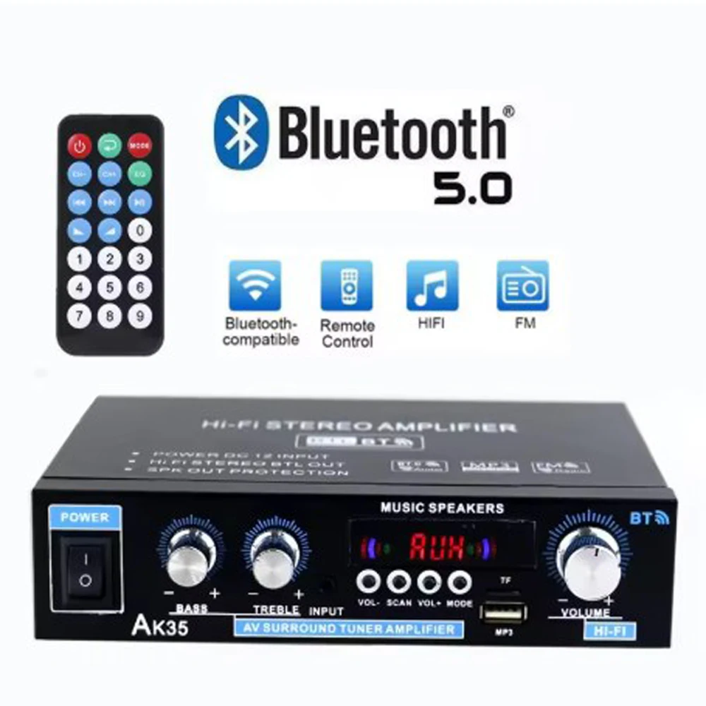 110V-240V AK35 Bluetooth Amplifiers HiFi Digital MP3 Channel 2.0 Sound AMP Support Stereo Sound FM Radio AMP for Home Car