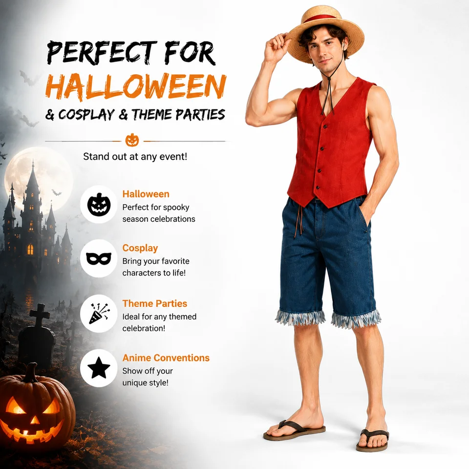 Disfraz de cosplay de Monkey D. Luffy para hombre, conjunto de anime para fiesta de Halloween con chaleco rojo, shorts, sombrero de paja y cuerda 4