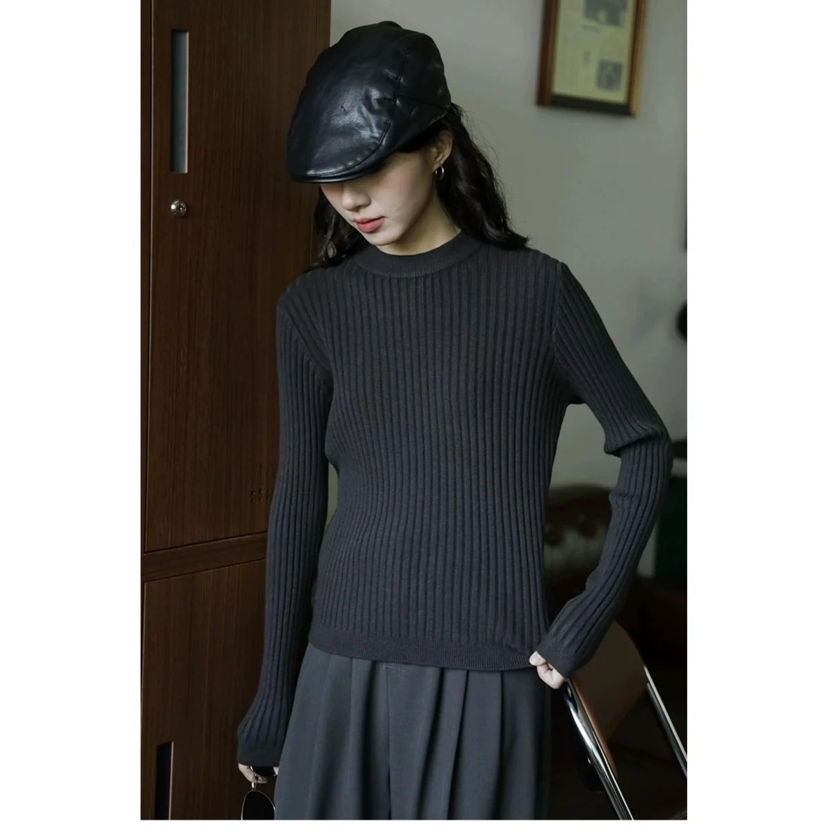 

Облегающий корейский вязаный свитер, женский осенне-зимний свитер с высоким воротником, длина до плеч, внутренняя часть irt Lolli Sle