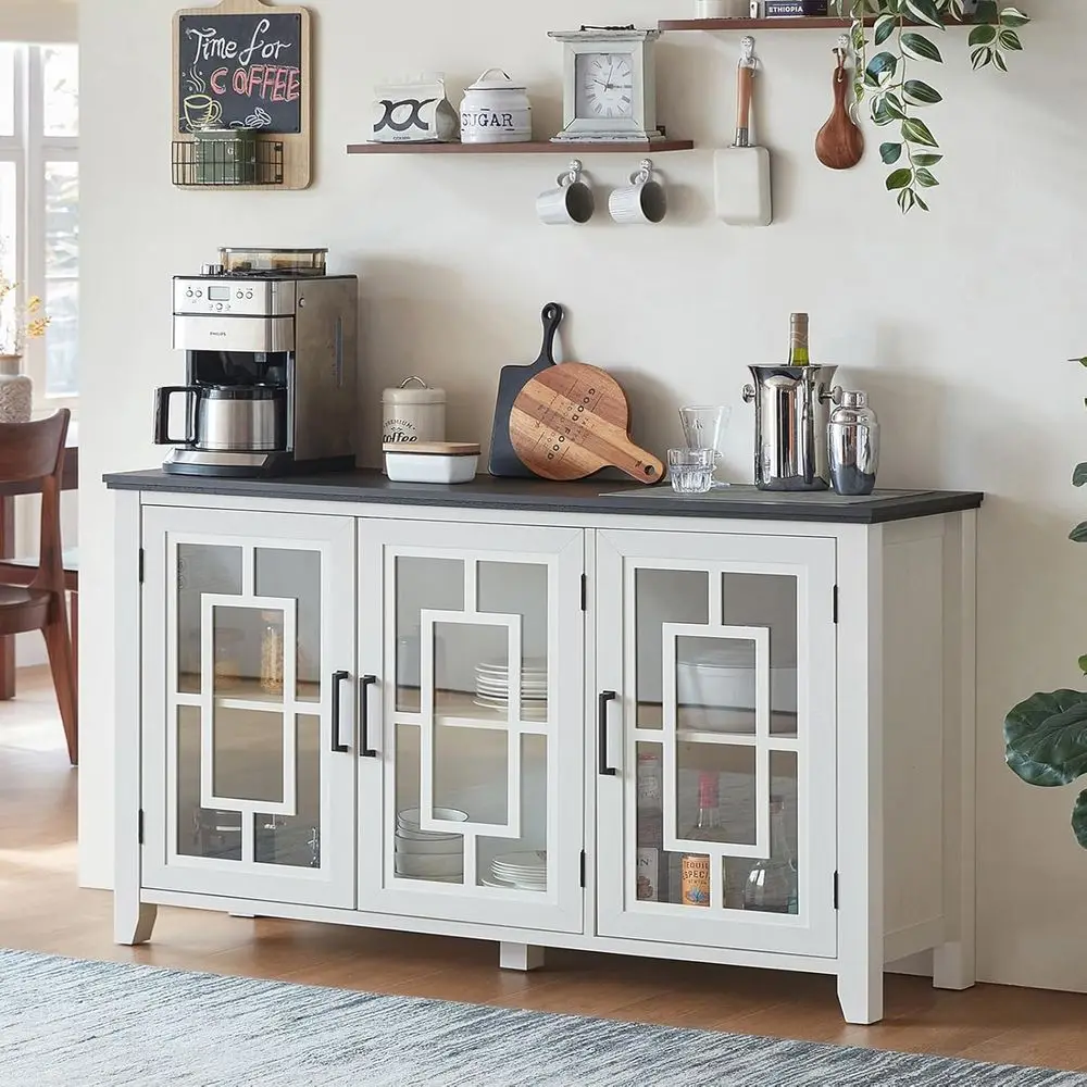 

55 White Contemporary Sideboard with Glass Doors, Storage, and Wine Rack for Kitchen and Dining Area