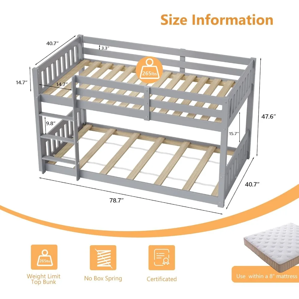 سرير بطابقين منخفض من الخشب الصلب للأطفال/الصغار، إطار سرير بطابقين مع درابزين وسلم للأولاد والبنات، بدون صندوق زنبركي #2